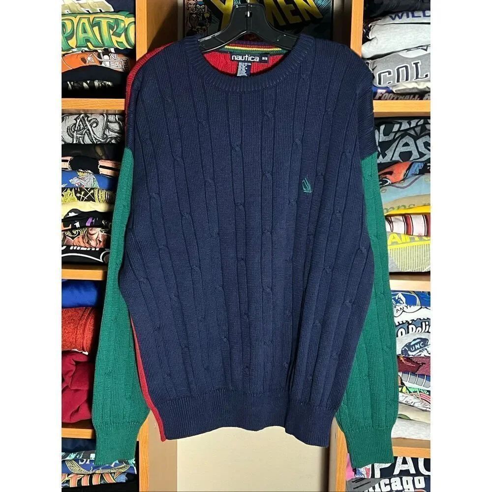 Vintage 90s Nautica Color Block Cable Knit Sweater